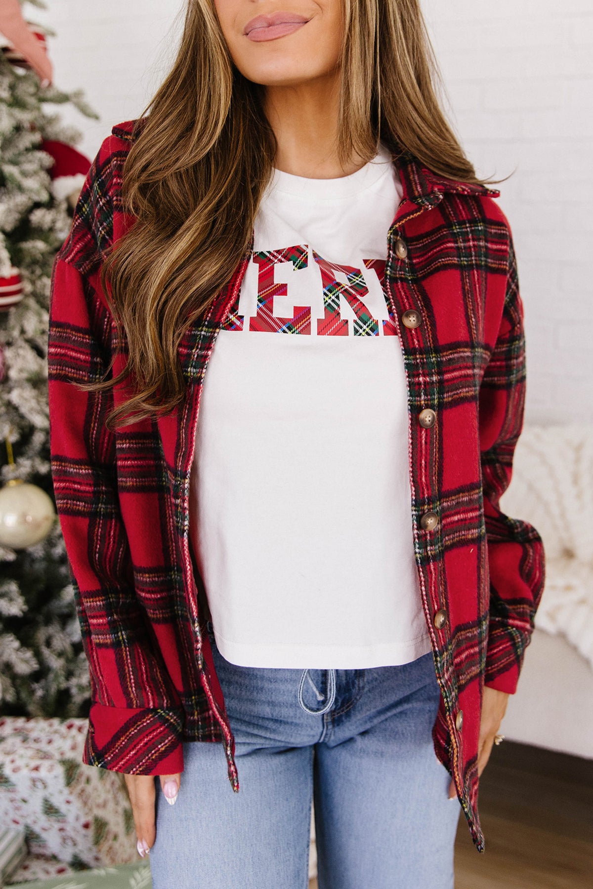 Red Plaid Button Front Shacket-Outerwear/Plaid Shackets-[Adult]-[Female]-2022 Online Blue Zone Planet