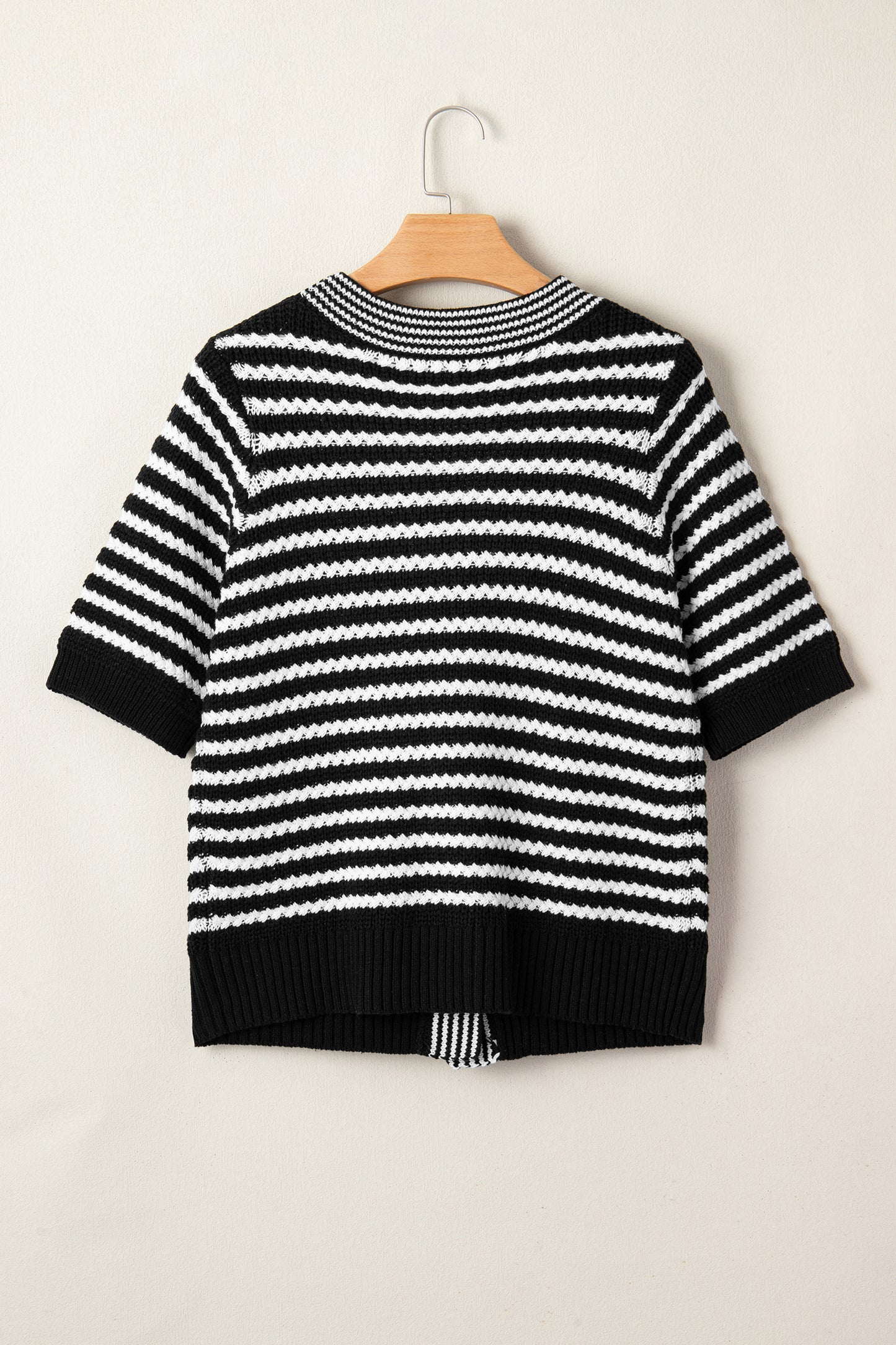 Black Stripe Short Sleeve Knit V Neck Bow Knot Sweater-TOPS / DRESSES-[Adult]-[Female]-2022 Online Blue Zone Planet
