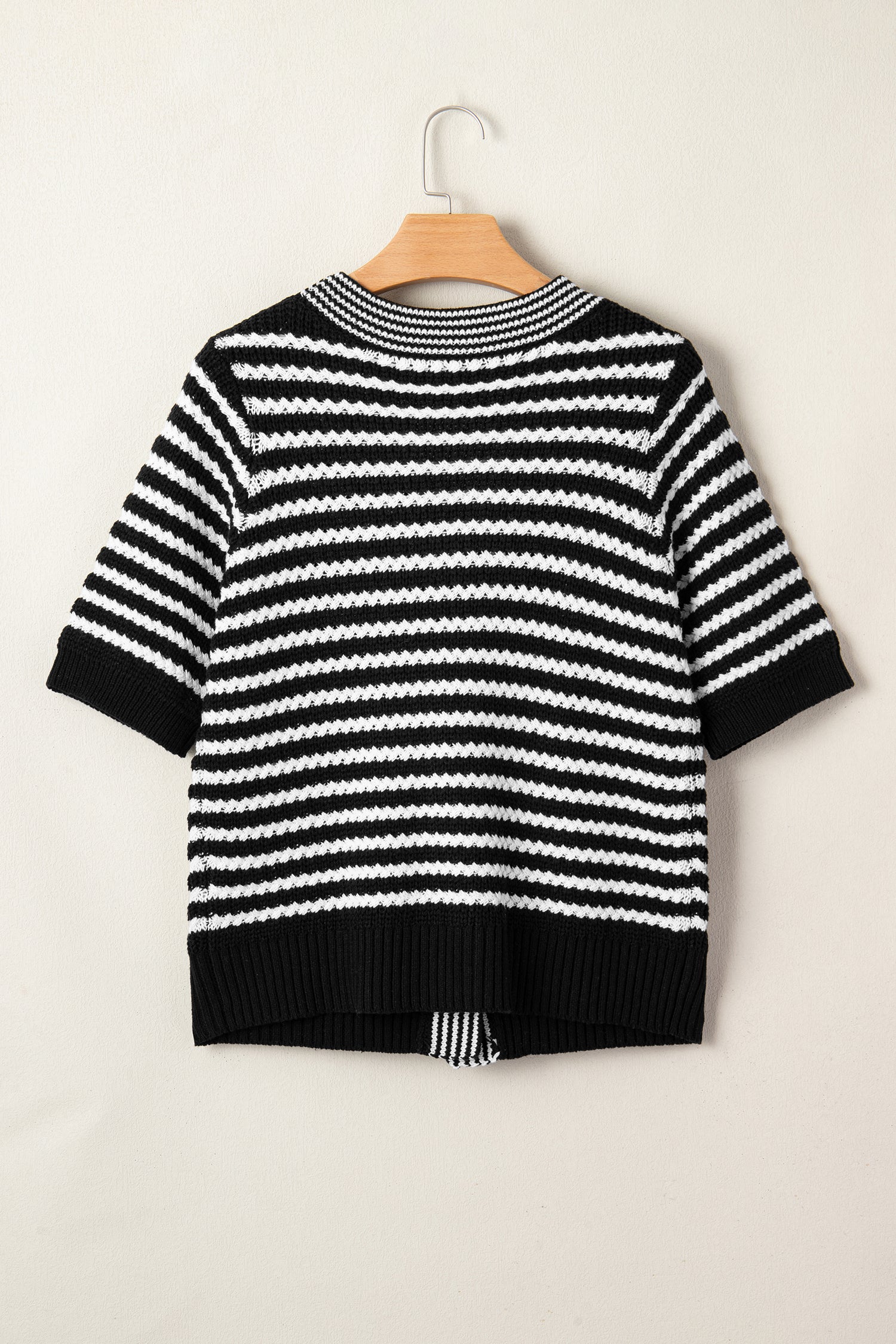 Black Stripe Short Sleeve Knit V Neck Bow Knot Sweater-TOPS / DRESSES-[Adult]-[Female]-2022 Online Blue Zone Planet