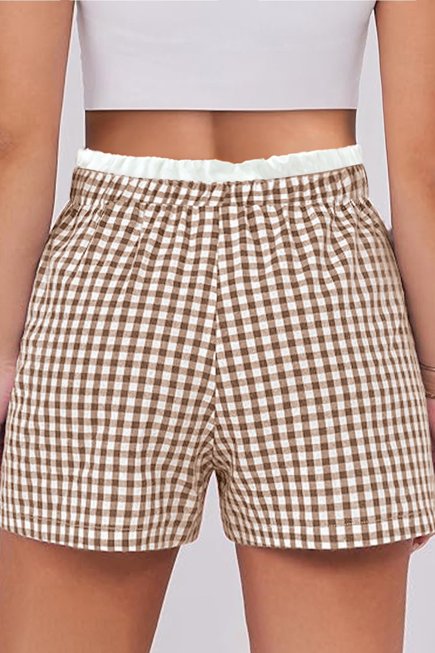 Khaki Contrast Trim Plaid Print Plus Size Shorts-Plus Size/Plus Size Bottoms-[Adult]-[Female]-2022 Online Blue Zone Planet