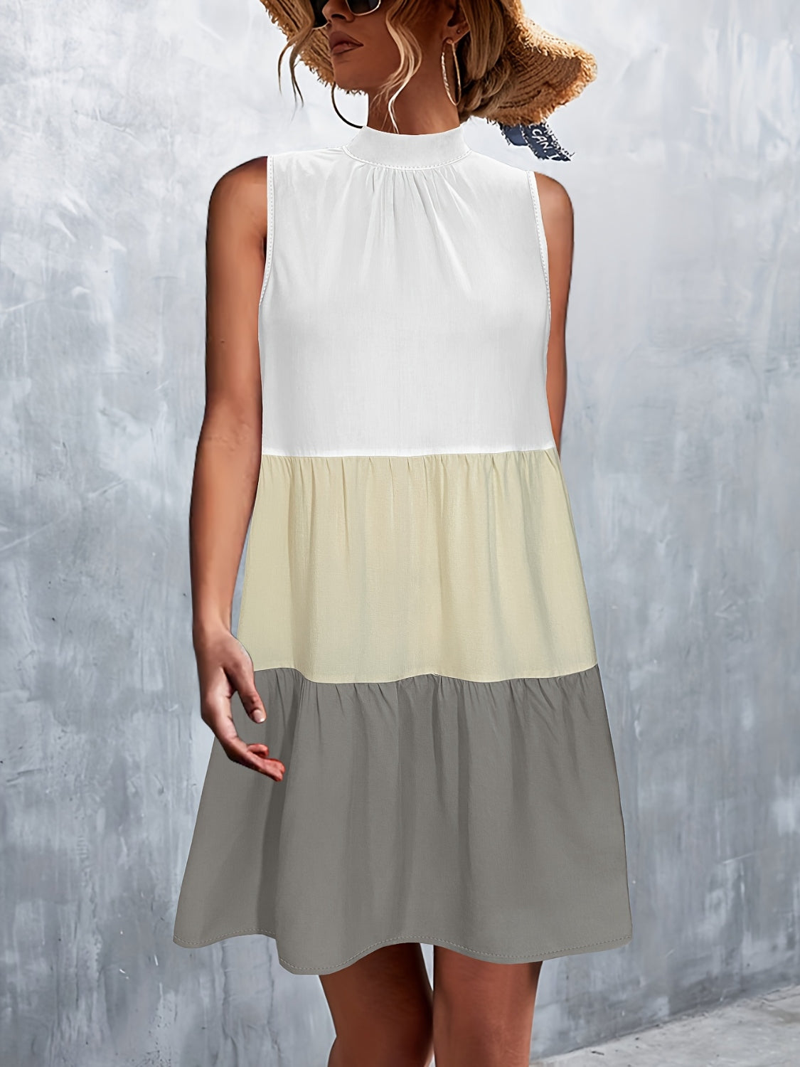 Tied Color Block Mock Neck Sleeveless Dress-TOPS / DRESSES-[Adult]-[Female]-Pastel Yellow-S-2022 Online Blue Zone Planet