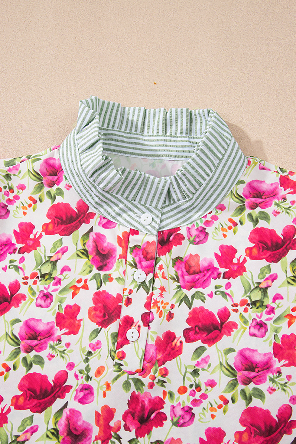 Red Floral Print Striped Patchwork Collared Short Sleeve Blouse-Tops/Blouses & Shirts-[Adult]-[Female]-2022 Online Blue Zone Planet