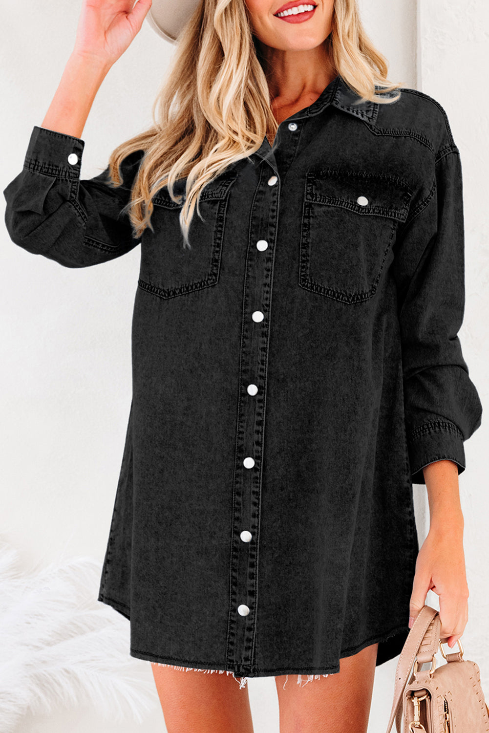 Medium Grey Beau Chest Pocket Raw Hem Denim Loose Shirt Dress-TOPS / DRESSES-[Adult]-[Female]-2022 Online Blue Zone Planet