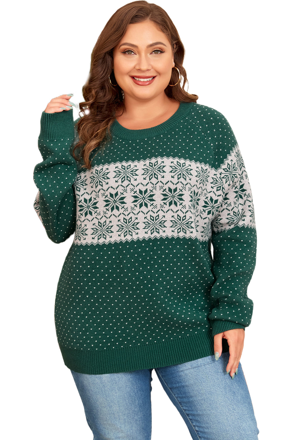 Blue Zone Planet | Green Christmas Snowflake Pattern Drop Shoulder Plus Size Sweater-Plus Size/Plus Size Sweaters & Cardigans-[Adult]-[Female]-2022 Online Blue Zone Planet