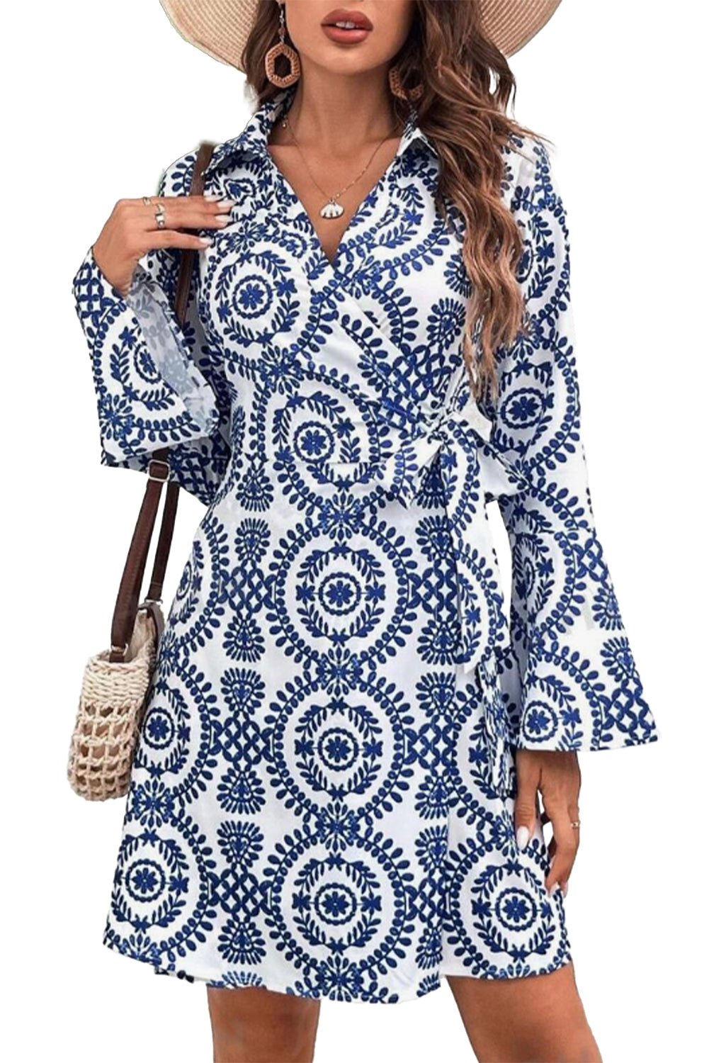 Blue Zone Planet |  Blue Floral Print V Neck Wrapped Knot Long Sleeve Dress