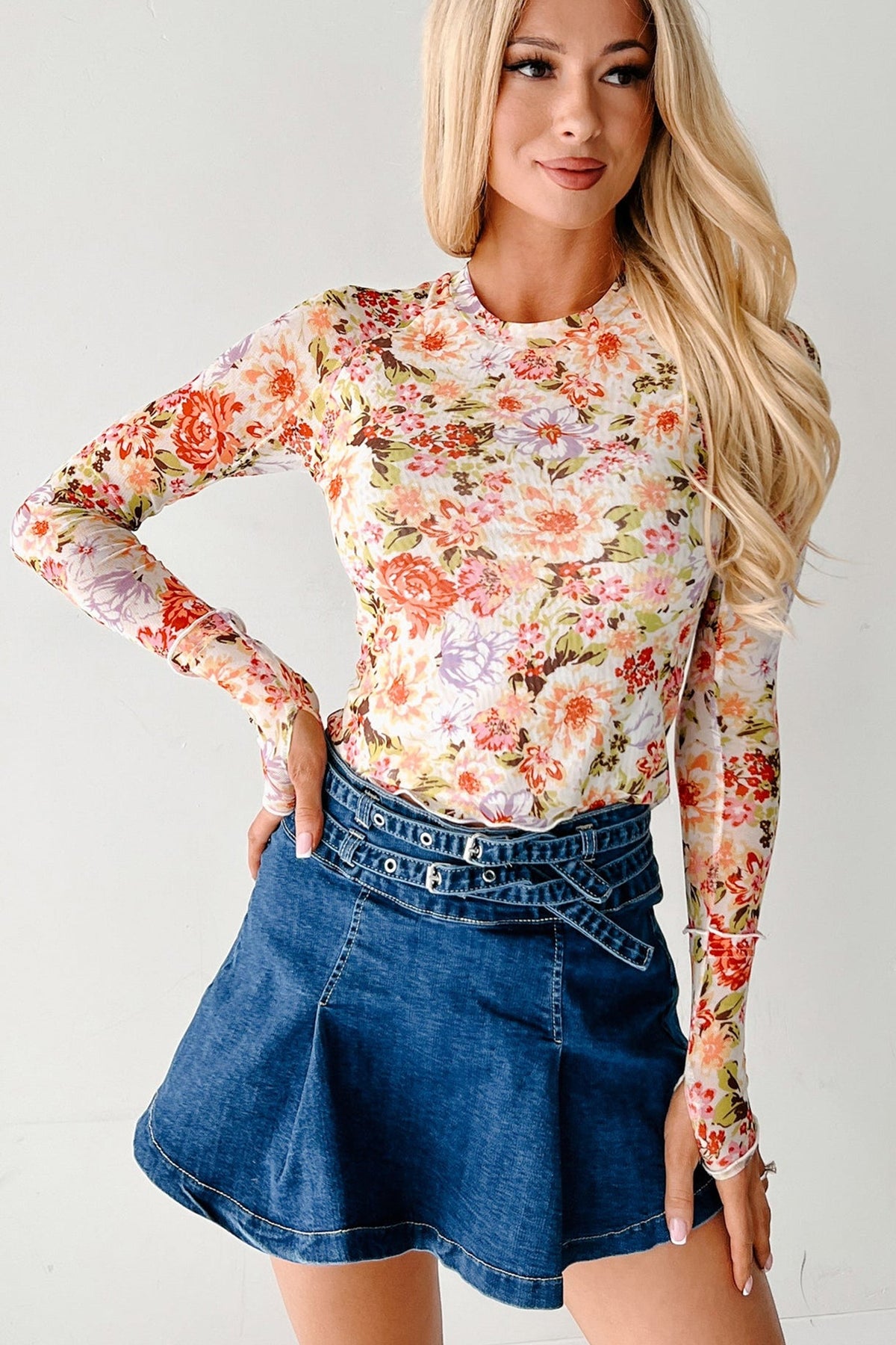 Multicolour Floral Print Mesh Thumbhole Long Sleeve Slim Top-Tops/Long Sleeve Tops-[Adult]-[Female]-2022 Online Blue Zone Planet