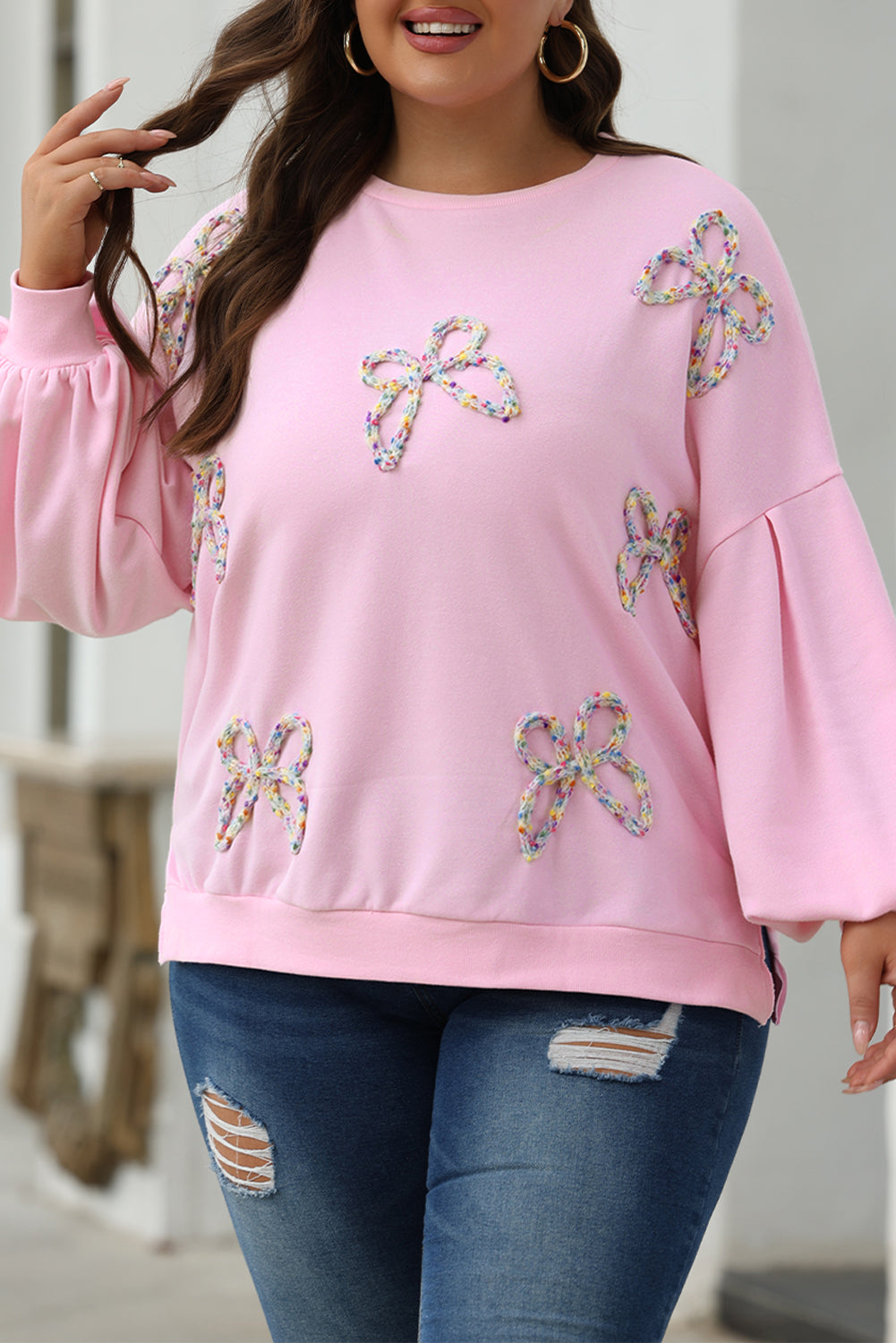 Blue Zone Planet | Light Pink Embroidered Bow Lantern Sleeve Oversized Pullover Sweatshirt-Tops/Sweatshirts & Hoodies-[Adult]-[Female]-2022 Online Blue Zone Planet