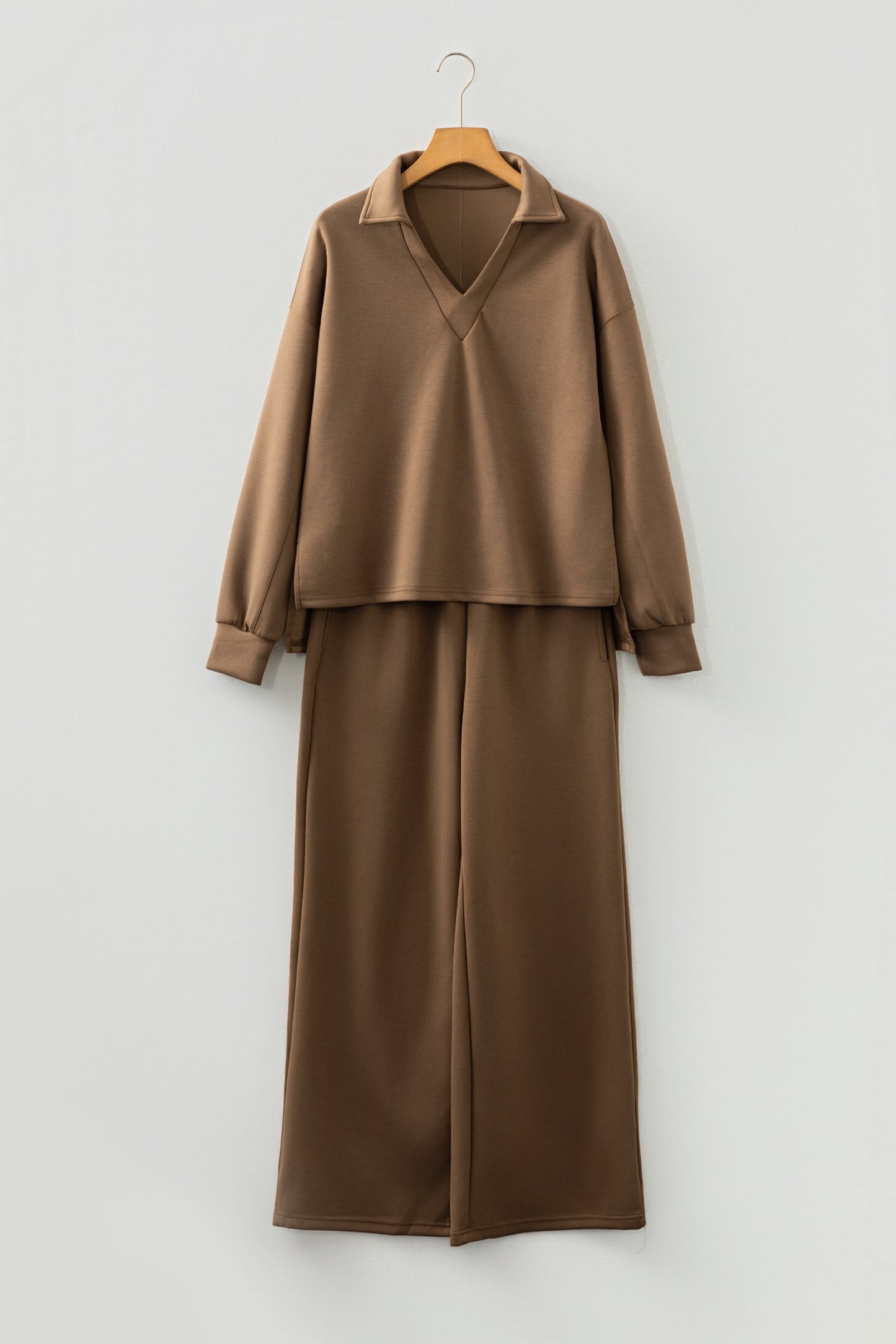 Coffee Solid Color V Neck Top and High Waist Pants Set-Two Piece Sets/Pant Sets-[Adult]-[Female]-2022 Online Blue Zone Planet