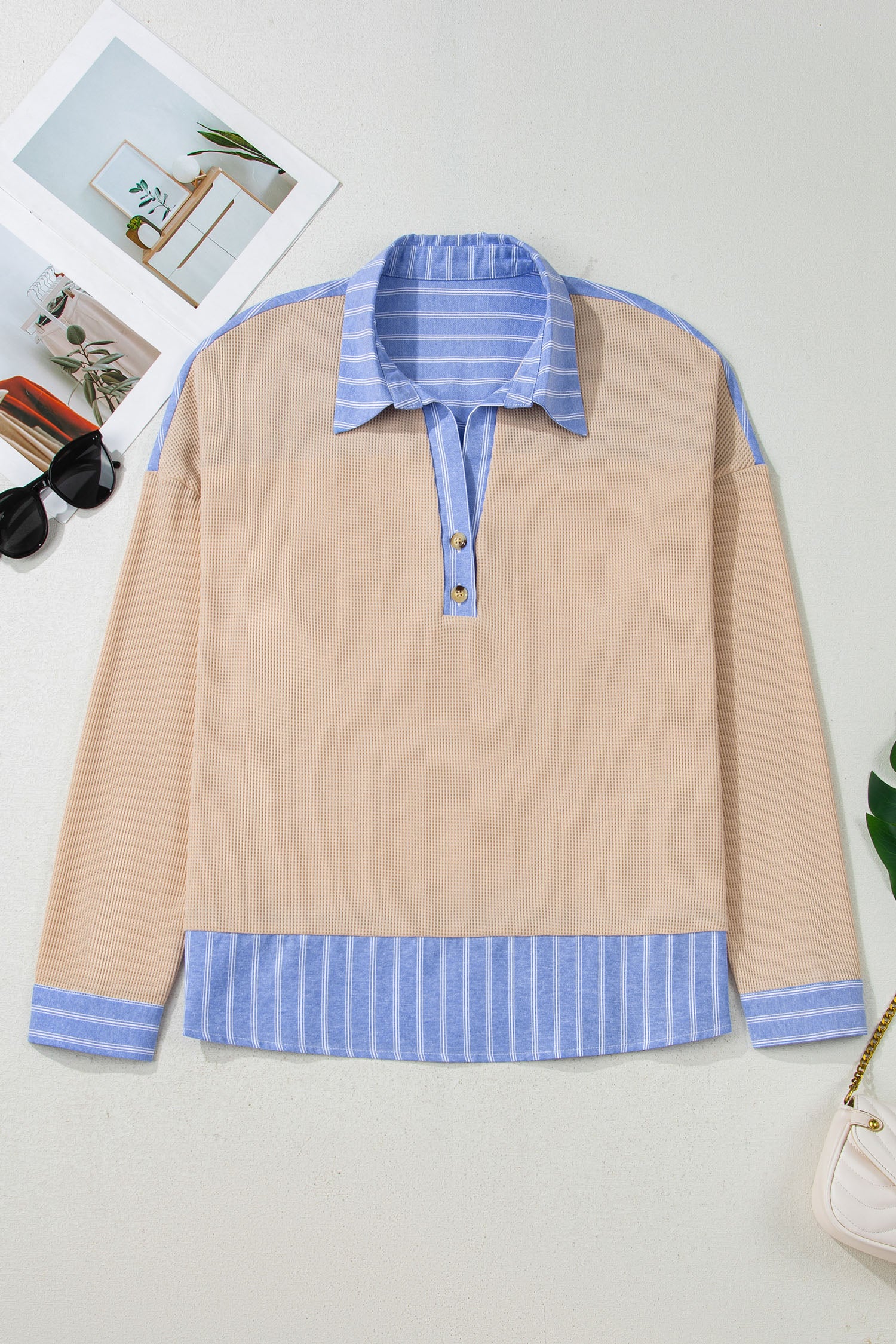 Parchment Plus Size Striped Contrast Trim Waffle Knit Collared Top-Plus Size/Plus Size Tops/Plus Size Long Sleeve Tops-[Adult]-[Female]-2022 Online Blue Zone Planet