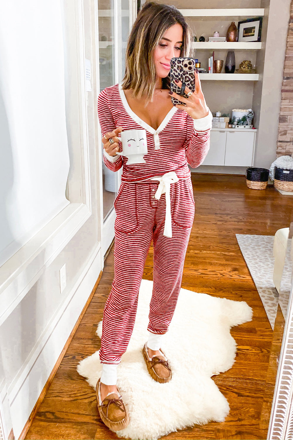 Red Stripe Buttoned V Neck Top and Knotted Waist Pants Lounge Set-Loungewear & Sleepwear/Loungewear-[Adult]-[Female]-2022 Online Blue Zone Planet