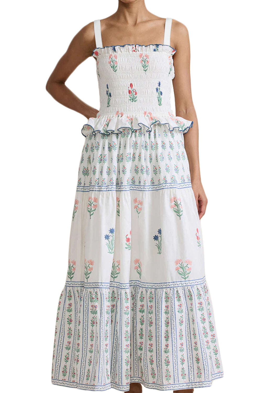 White Floral Print Frill Smocked Bodice Boho Dress-Maxi Dresses-[Adult]-[Female]-2022 Online Blue Zone Planet