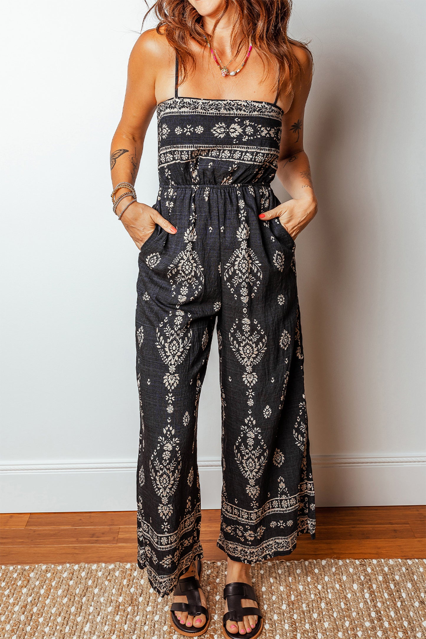 Black Spaghetti Straps Elastic Waist Loose Ethnic Print Jumpsuit-Bottoms/Jumpsuits & Rompers-[Adult]-[Female]-2022 Online Blue Zone Planet
