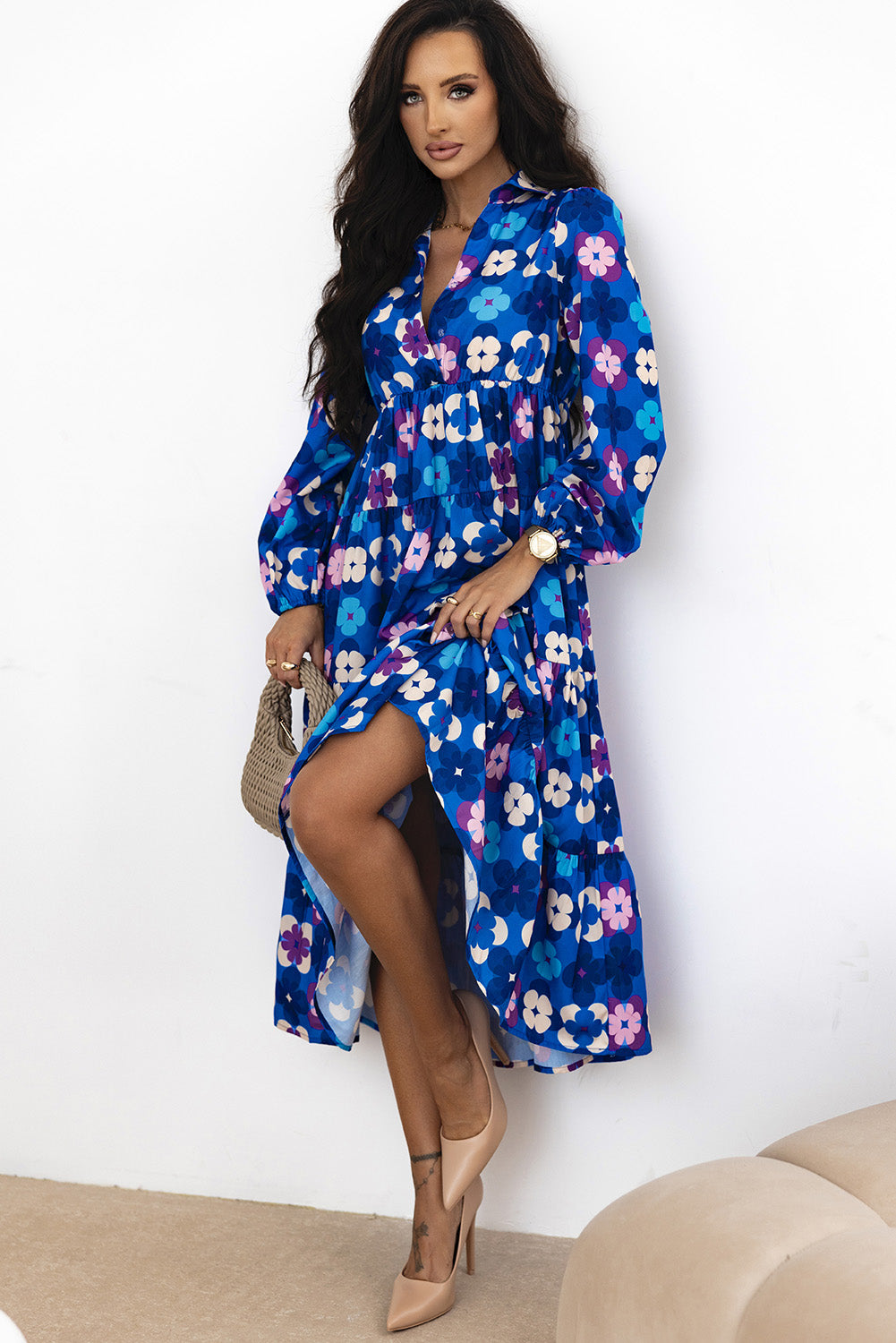 Blue Zone Planet | Blue Floral Peasant Sleeve Tiered Ruffle Midi Dress-TOPS / DRESSES-[Adult]-[Female]-2022 Online Blue Zone Planet