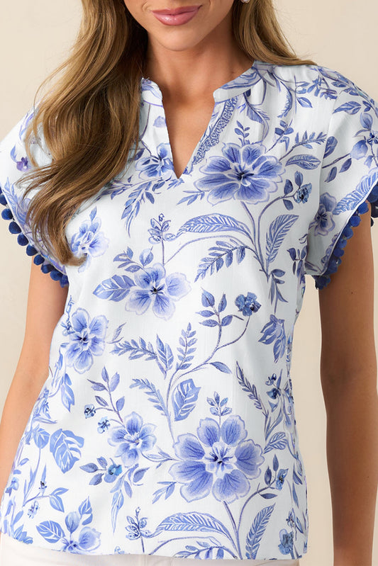 Blue Elegant Floral Print Ricrac Trim Short Sleeve Blouse-Tops/Blouses & Shirts-[Adult]-[Female]-Blue-S-2022 Online Blue Zone Planet