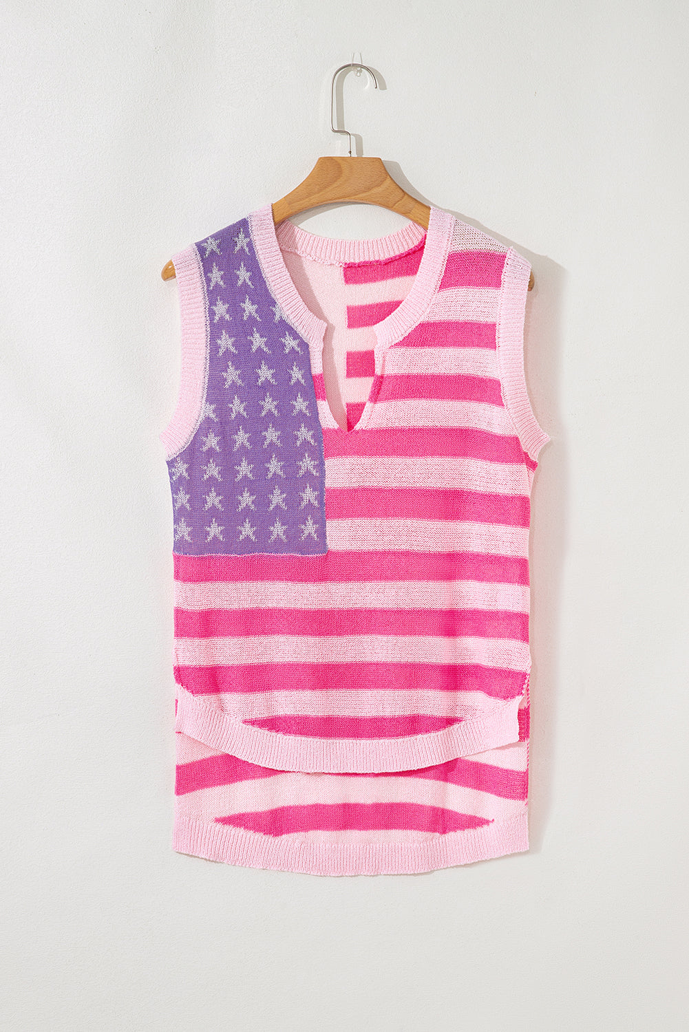 Pink Stripe Usa Flag Notched Neckline Loose Sweater Vest-Sweaters & Cardigans/Sweater Vests-[Adult]-[Female]-2022 Online Blue Zone Planet