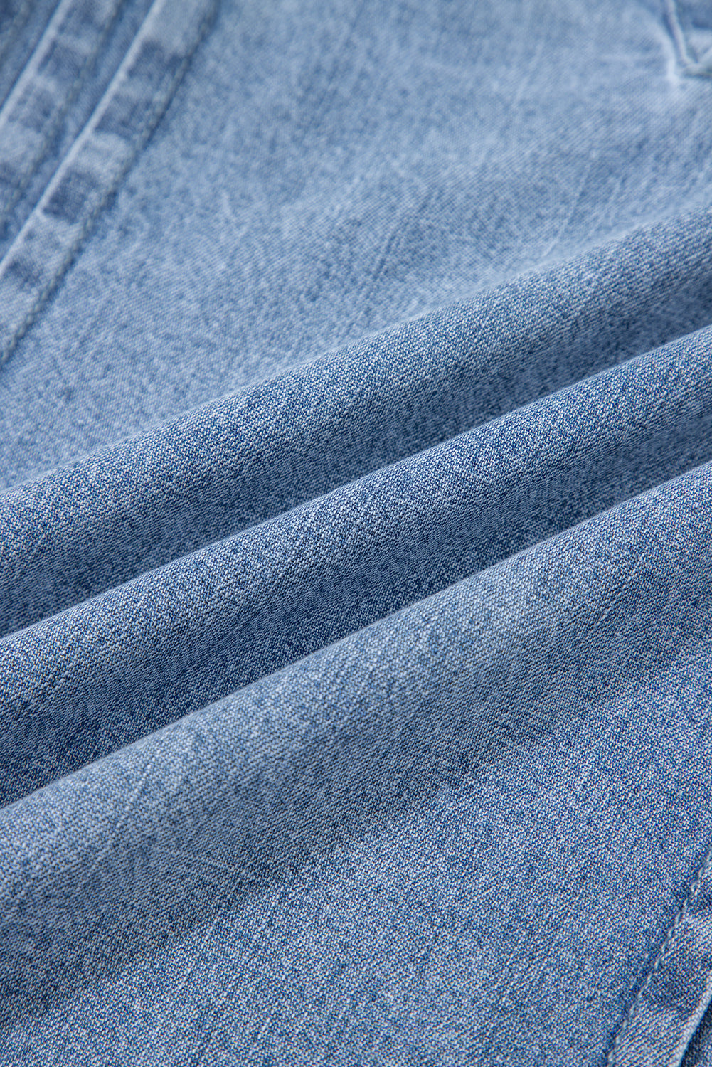 Myosotis Pintuck Pleats Puff Sleeve Split V Neck Summer Denim Top-Tops/Tops & Tees-[Adult]-[Female]-2022 Online Blue Zone Planet