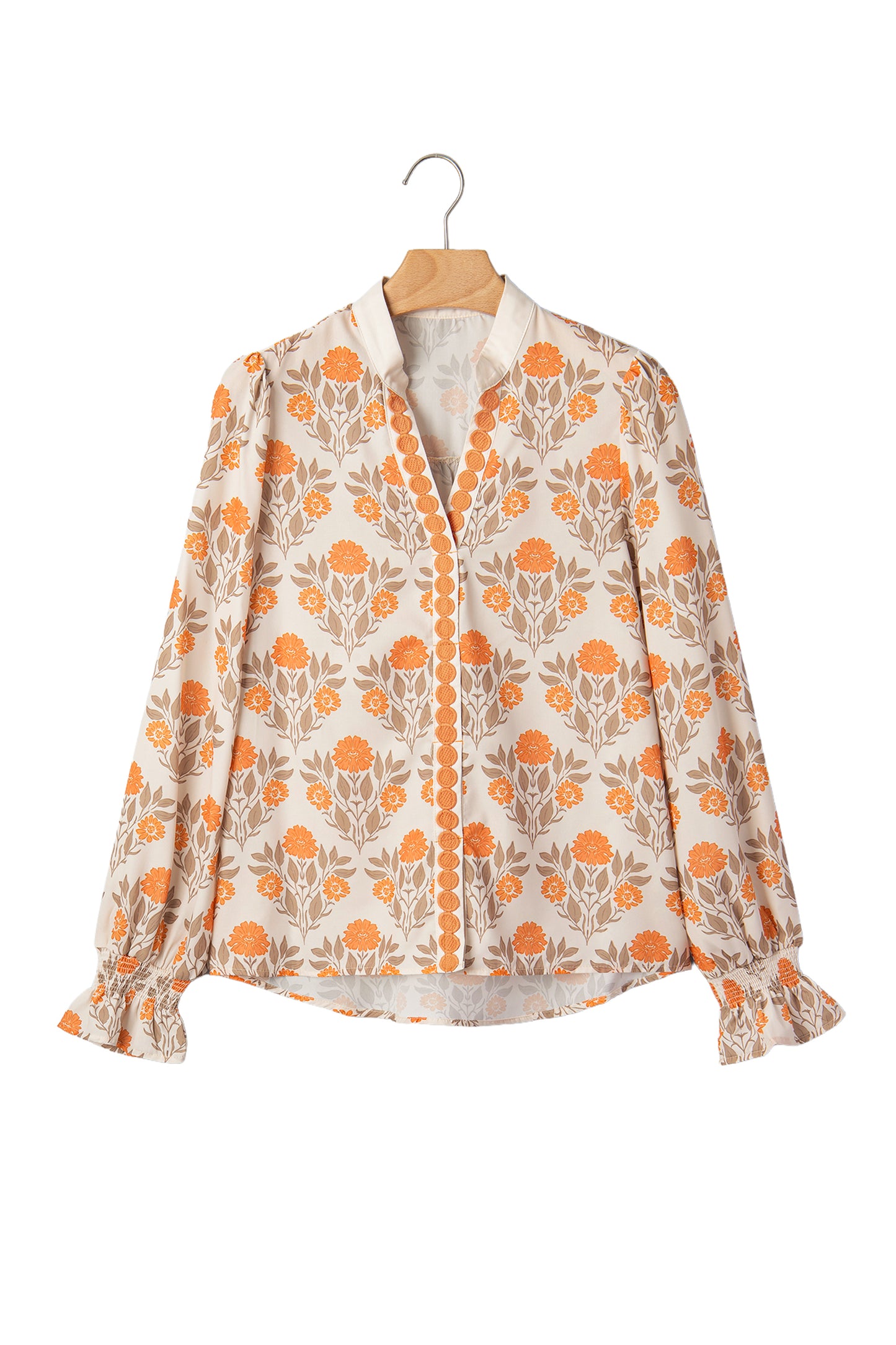 Orange Floral Print Contrast Detail V Neck Long Sleeve Blouse-Tops/Blouses & Shirts-[Adult]-[Female]-2022 Online Blue Zone Planet