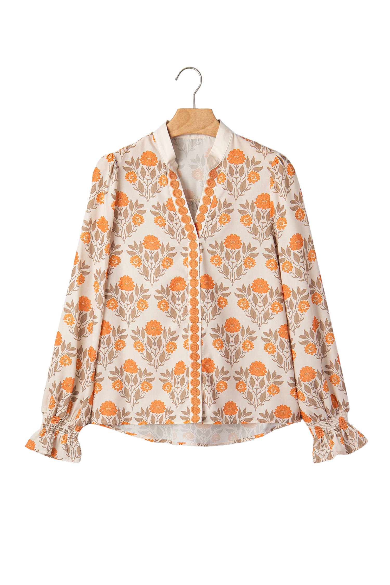 Orange Floral Print Contrast Detail V Neck Long Sleeve Blouse-Tops/Blouses & Shirts-[Adult]-[Female]-2022 Online Blue Zone Planet