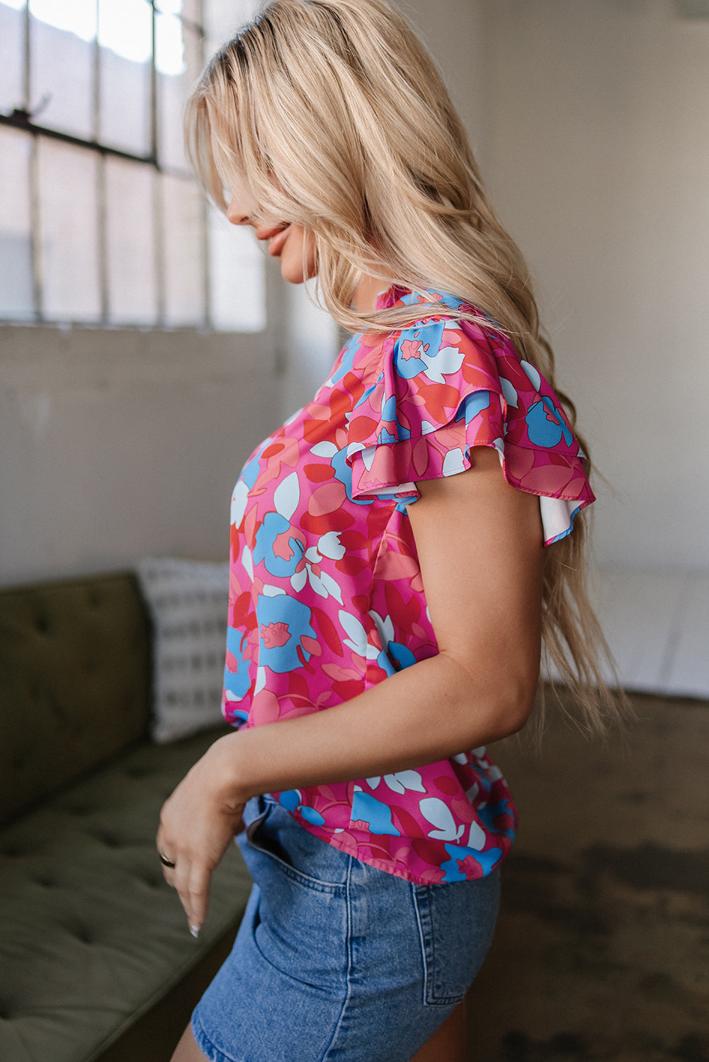 Rose Red Ruffled Sleeve Floral Blouse-Tops/Blouses & Shirts-[Adult]-[Female]-2022 Online Blue Zone Planet