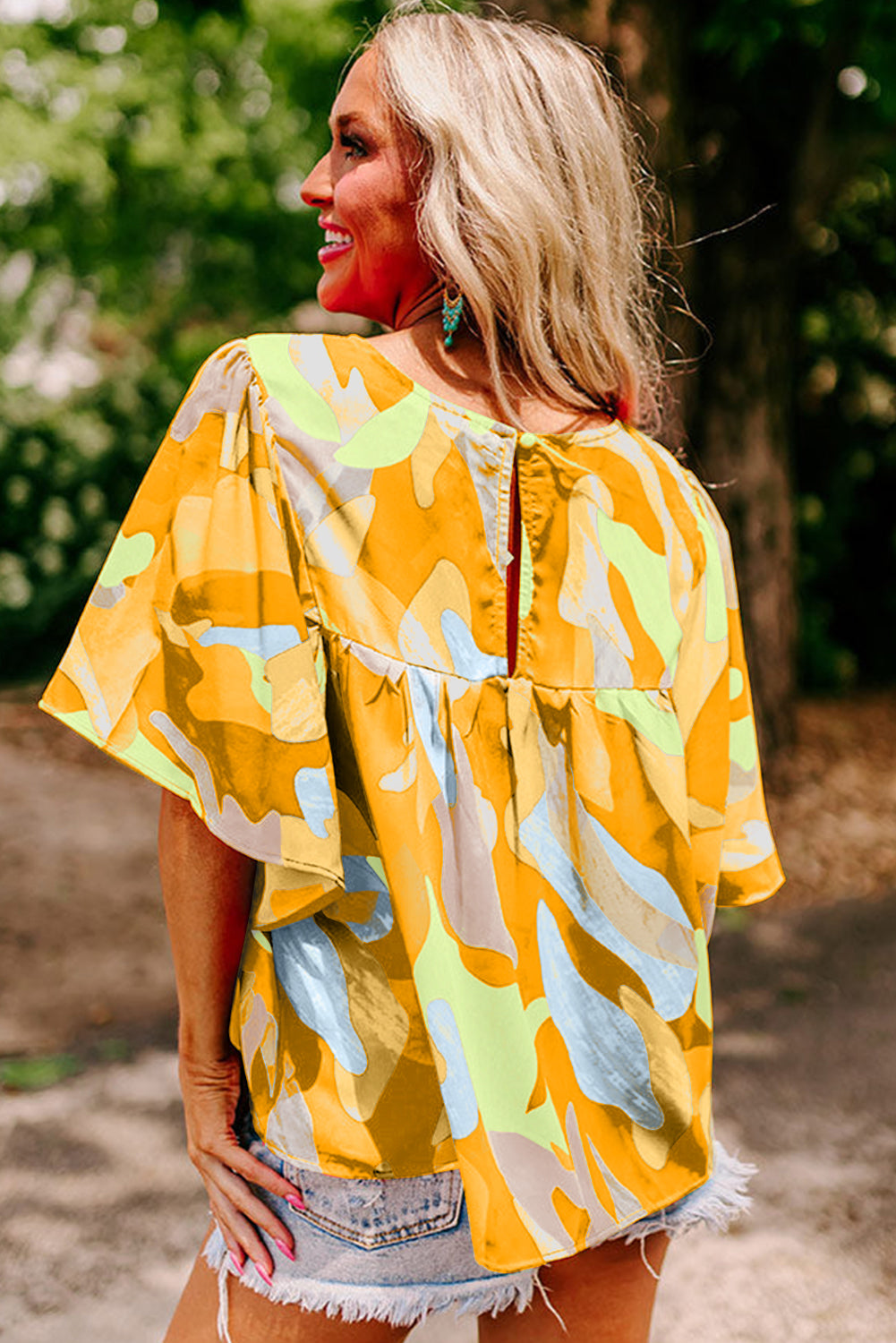 Vitality Orange Abstract Pattern Wide Sleeve Crew Neck Blouse-Tops/Blouses & Shirts-[Adult]-[Female]-2022 Online Blue Zone Planet
