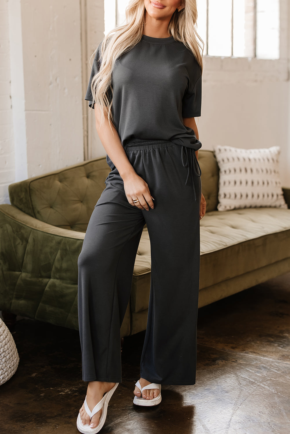 Dark Grey Drawstring Side Crewneck Tee and Loose Pants Set-Two Piece Sets/Pant Sets-[Adult]-[Female]-2022 Online Blue Zone Planet