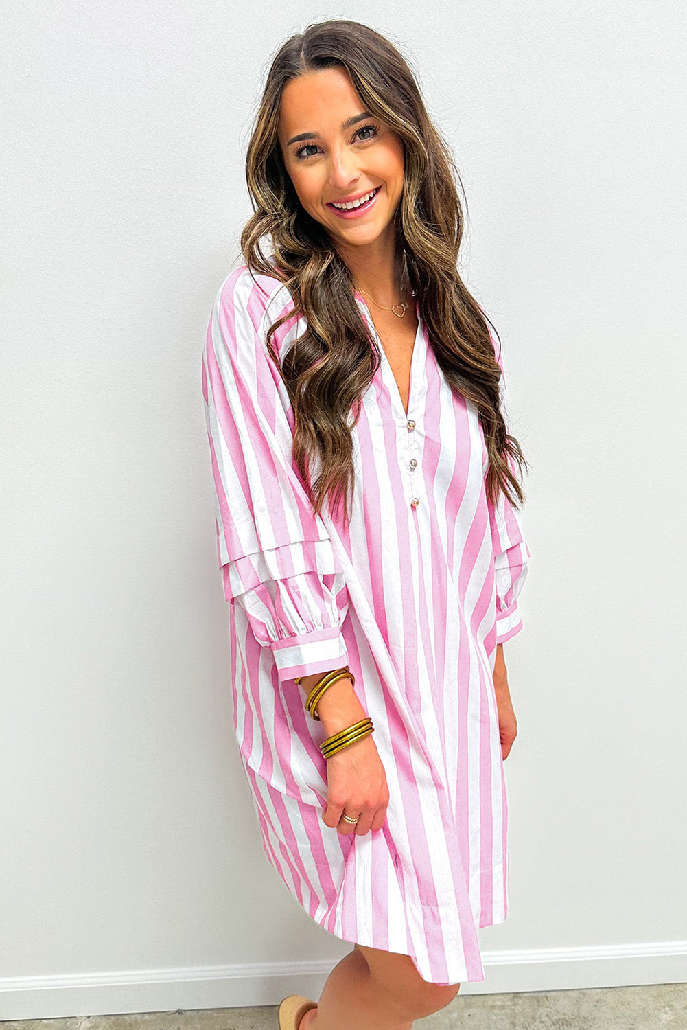 Rose Stripe Bracelet Sleeve Buttons Loose Mini Dress-Bracelet-[Adult]-[Female]-2022 Online Blue Zone Planet
