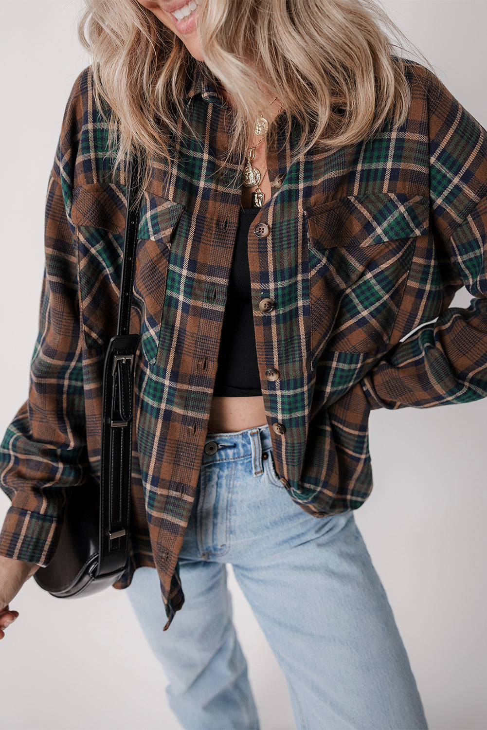 Brown Plaid Print Chest Pockets Buttoned Shirt Jacket-Outerwear/Plaid Shackets-[Adult]-[Female]-2022 Online Blue Zone Planet