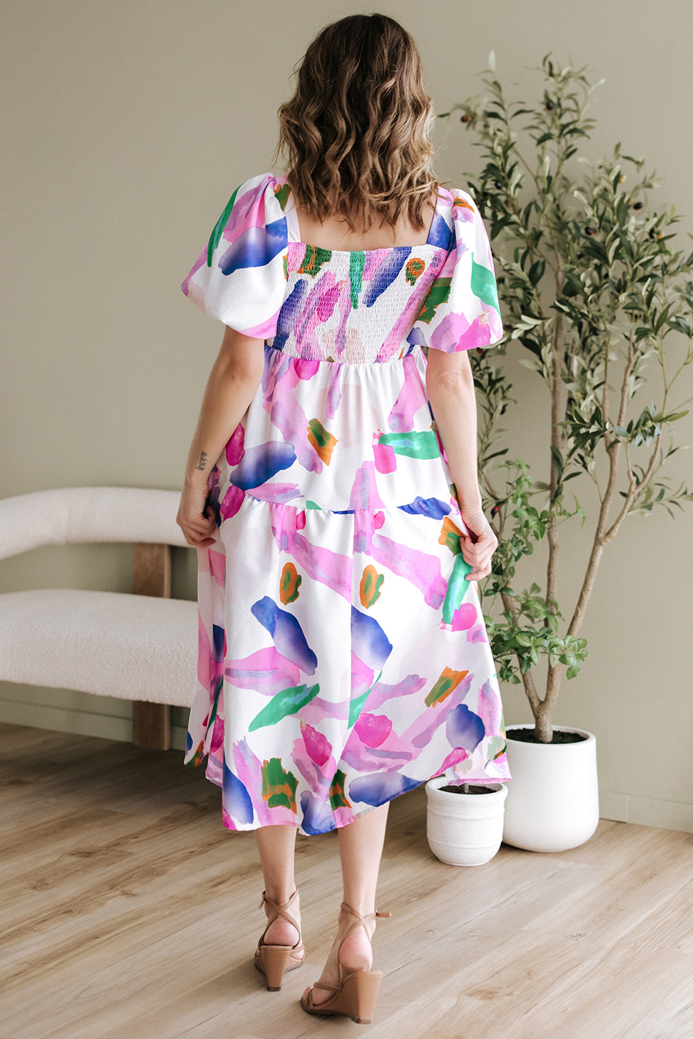 Purple Abstract Print Puff Sleeve Smocked Back Midi Dress-Dresses/Midi Dresses-[Adult]-[Female]-2022 Online Blue Zone Planet
