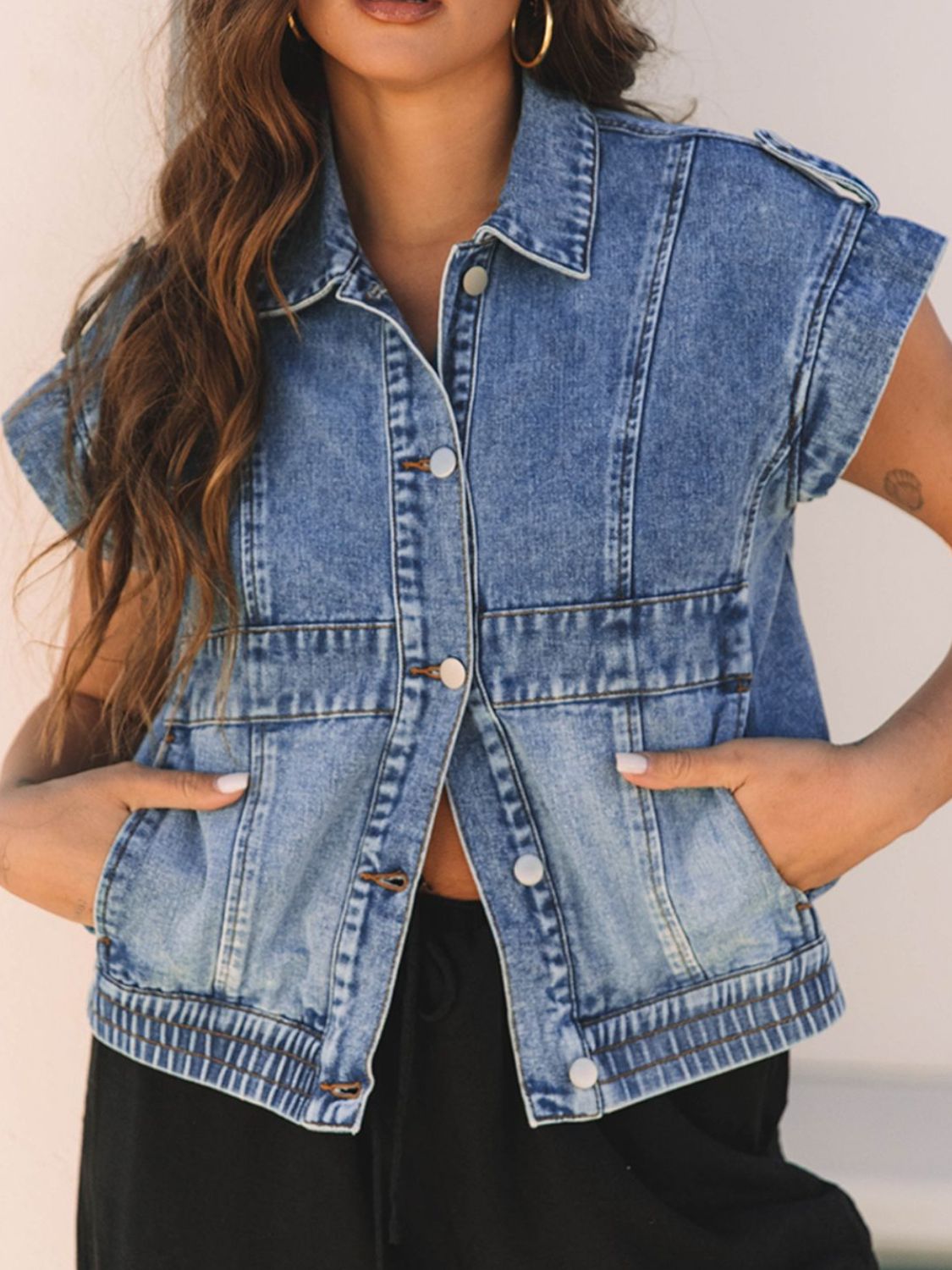 Button Up Cap Sleeve Denim Jacket-TOPS / DRESSES-[Adult]-[Female]-2022 Online Blue Zone Planet