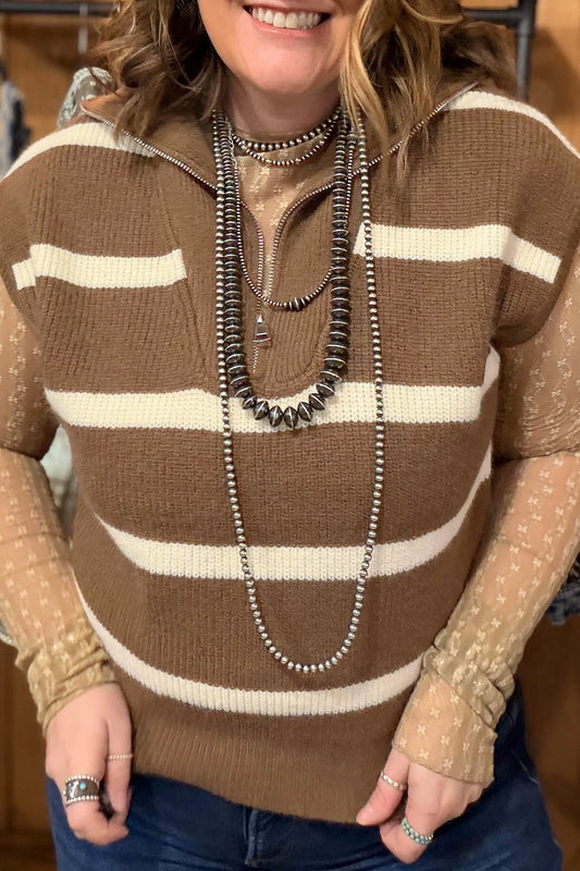 Brown Stripe Striped Colorblock Drop Shoulder V Neck Tunic Sweater T-shirt