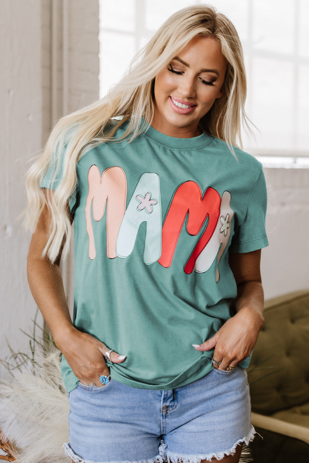 Sea Green Mama Printed Mineral Wash Crewneck T Shirt-Tops/Tops & Tees-[Adult]-[Female]-2022 Online Blue Zone Planet
