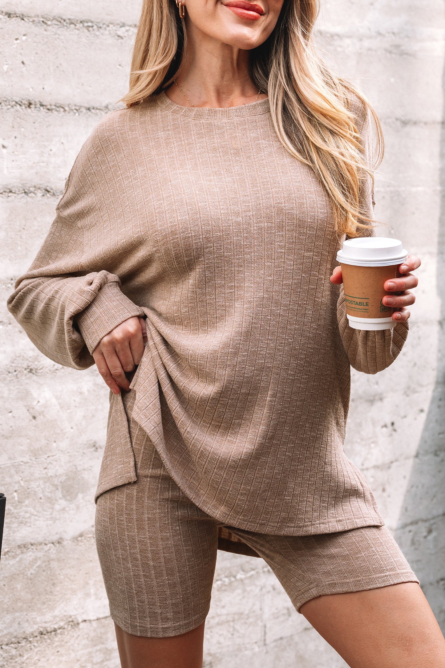 Dark Khaki Ribbed Balloon Sleeve Pullover Top and Biker Knitted Short Set-Two Piece Sets/Short Sets-[Adult]-[Female]-2022 Online Blue Zone Planet