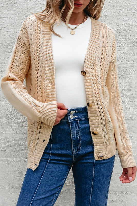 Blue Zone Planet | Beige Open Knit Drop Shoulder Sweater Cardigan-Sweaters & Cardigans/Cardigans-[Adult]-[Female]-Beige-S-2022 Online Blue Zone Planet