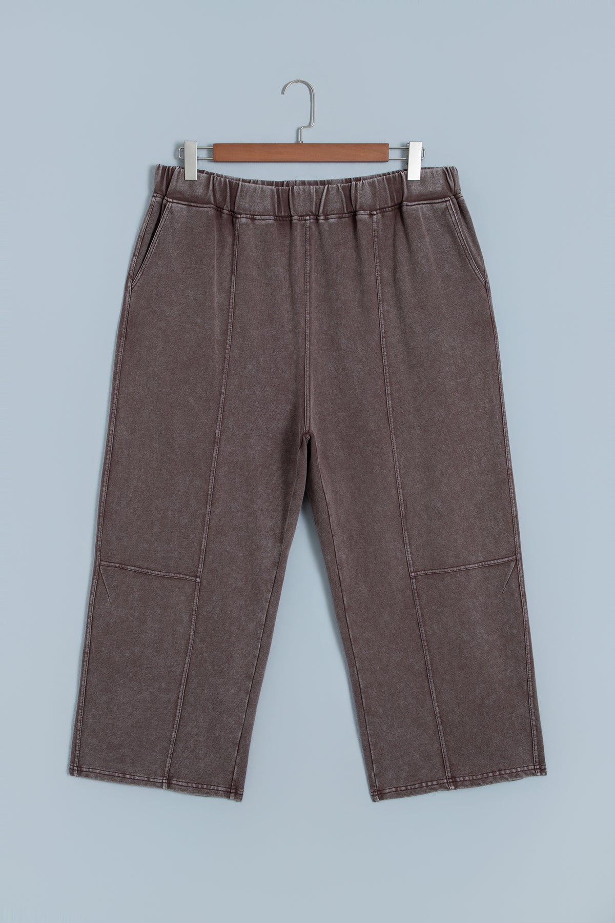 Coffee Mineral Wash Elastic Waistband Plus Size Barrel Pants-Plus Size/Plus Size Bottoms-[Adult]-[Female]-2022 Online Blue Zone Planet