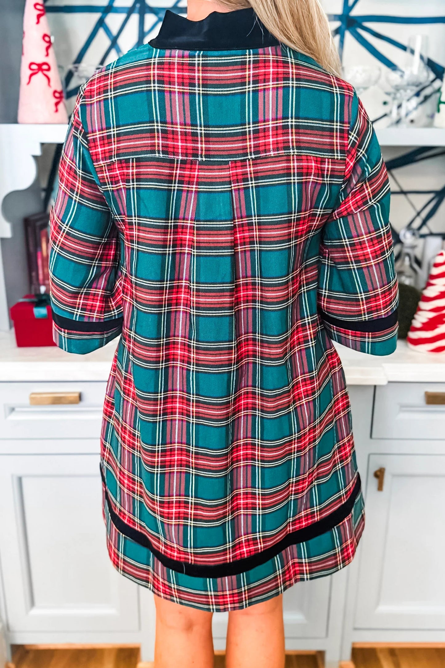 Green Plaid Velvet Trim Pockets Short Shift Dress-TOPS / DRESSES-[Adult]-[Female]-2022 Online Blue Zone Planet