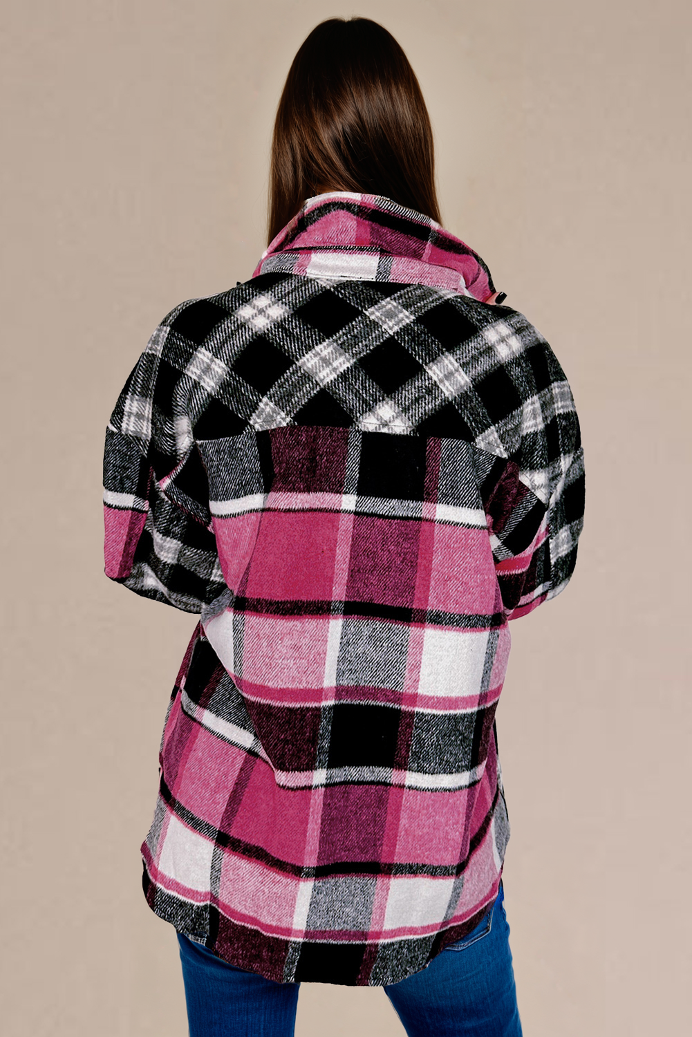 Blue Zone Planet | Black Plaid Colorblock Loose Shacket-Outerwear/Plaid Shackets-[Adult]-[Female]-2022 Online Blue Zone Planet