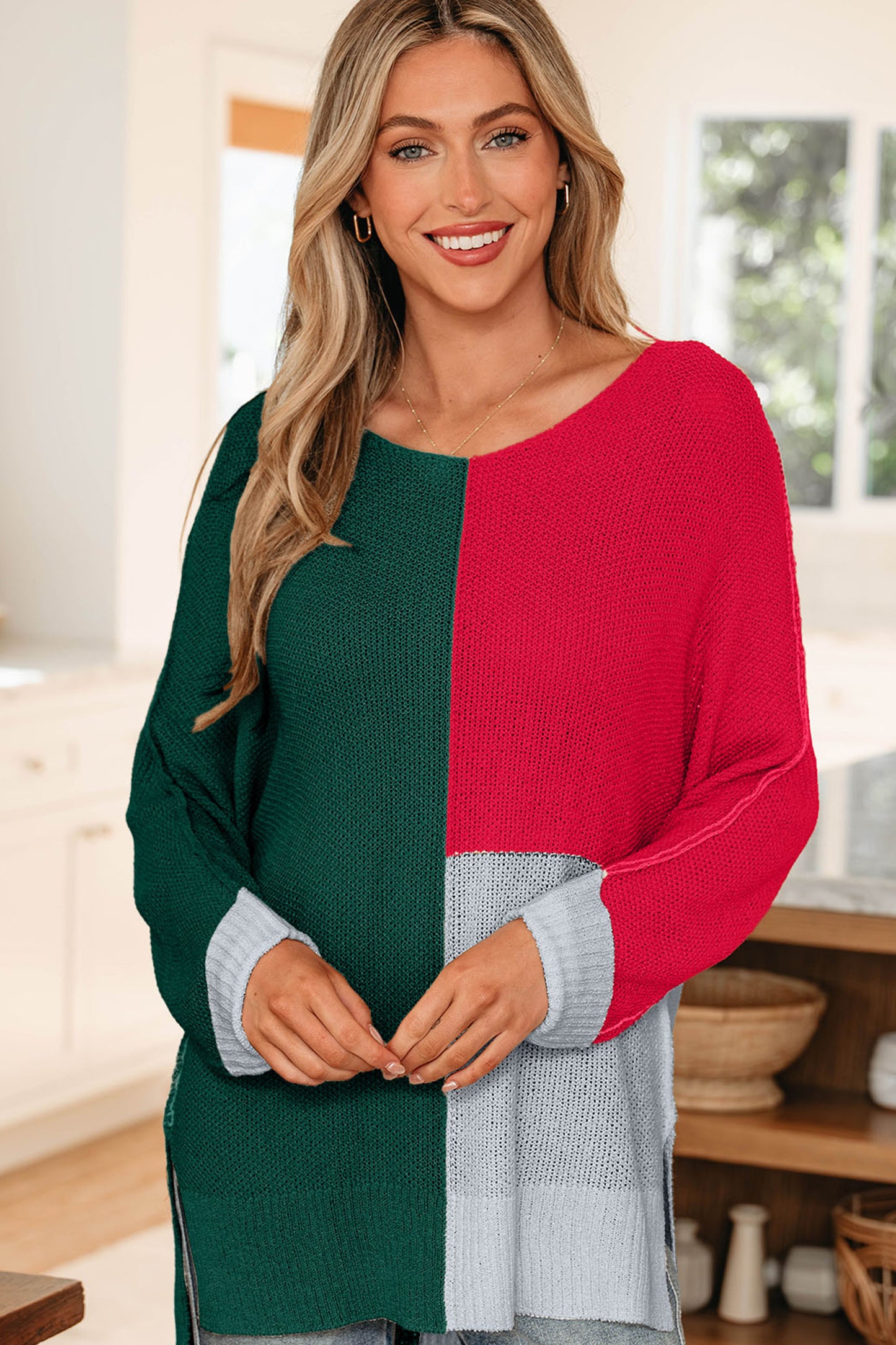Evergreen Color Block Knit V Neck Loose Sweater-TOPS / DRESSES-[Adult]-[Female]-2022 Online Blue Zone Planet
