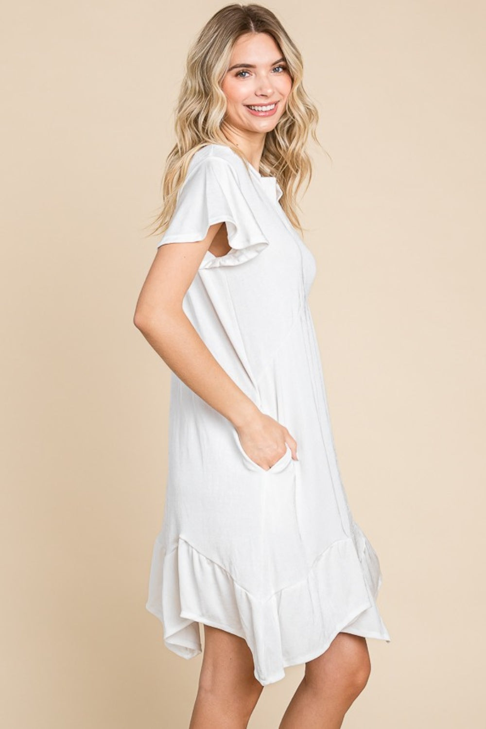 Culture Code Full Size Short Sleeve Ruffled Asymmetric Hem Dress-TOPS / DRESSES-[Adult]-[Female]-2022 Online Blue Zone Planet