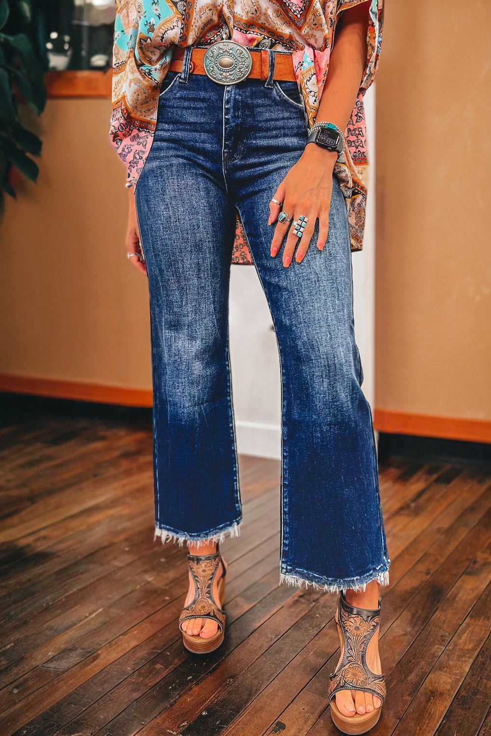 Blue Zone Planet | Beau Blue Mineral Wash Raw Hem High Waist Flared Jeans-Bottoms/Jeans-[Adult]-[Female]-2022 Online Blue Zone Planet