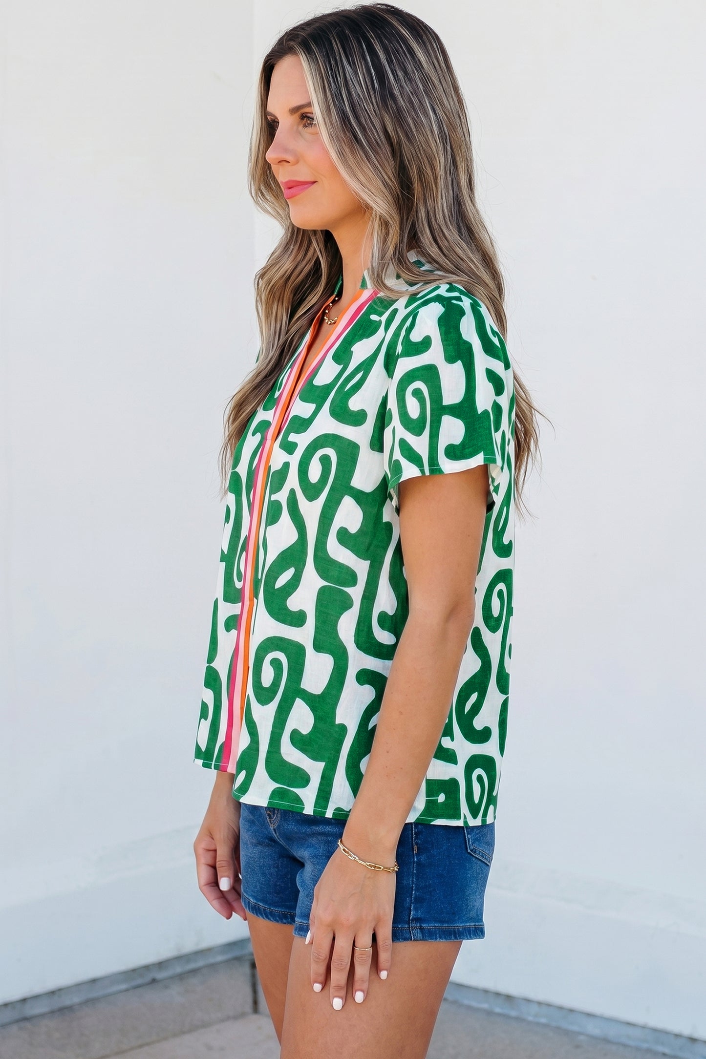 Green Abstract Print Striped Trim V Neck Short Sleeve Blouse-Tops/Blouses & Shirts-[Adult]-[Female]-2022 Online Blue Zone Planet