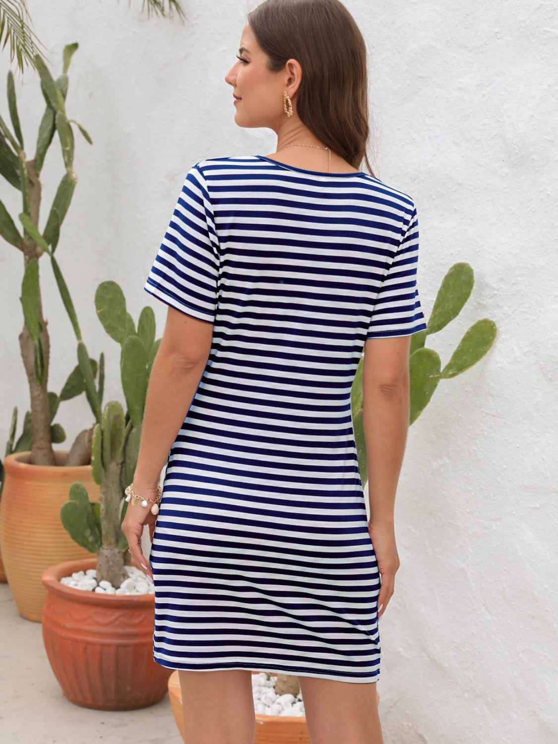 Cutout Striped Round Neck Short Sleeve Dress-TOPS / DRESSES-[Adult]-[Female]-2022 Online Blue Zone Planet