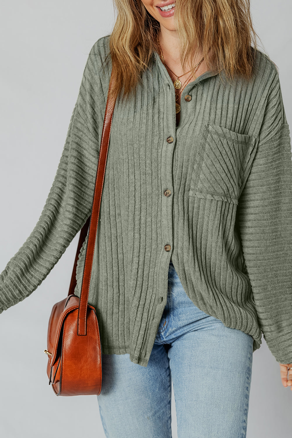 Mist Green Thermal Ribbed Texture Drop Shoulder Button Up Shacket-Outerwear/Jackets-[Adult]-[Female]-2022 Online Blue Zone Planet