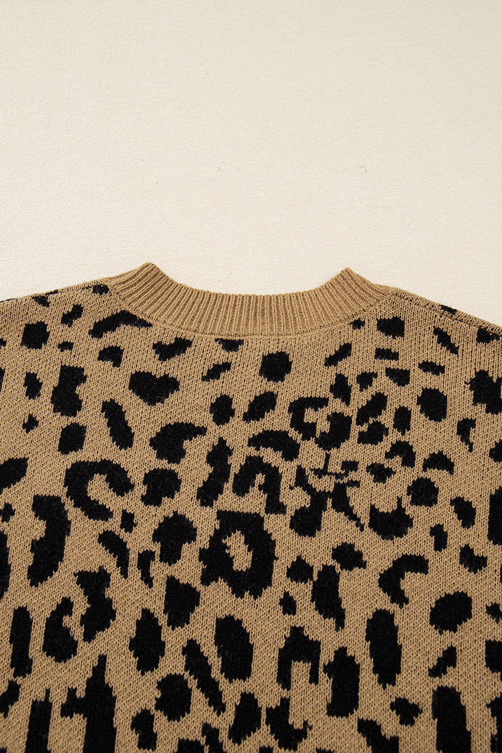 Light French Beige Ribbed Trim Round Neck Leopard Drop Shoulder Sweater-Sweaters & Cardigans/Sweaters-[Adult]-[Female]-2022 Online Blue Zone Planet