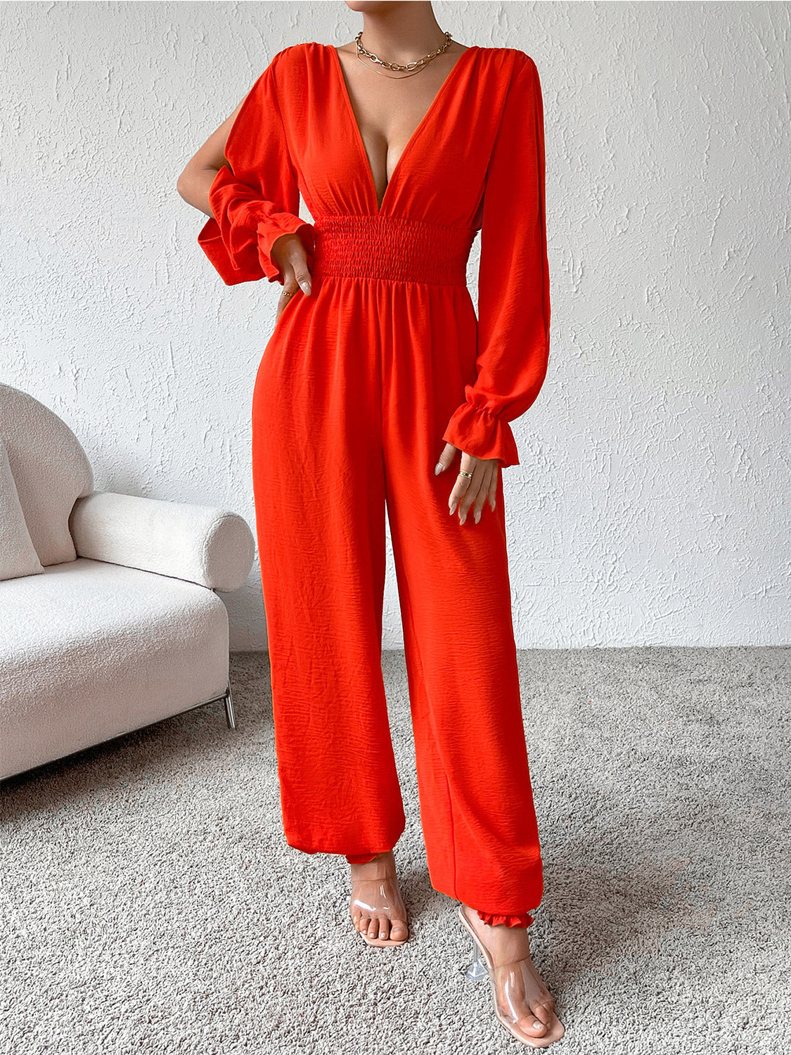 Plunge Smocked Flounce Sleeve Jumpsuit-[Adult]-[Female]-2022 Online Blue Zone Planet