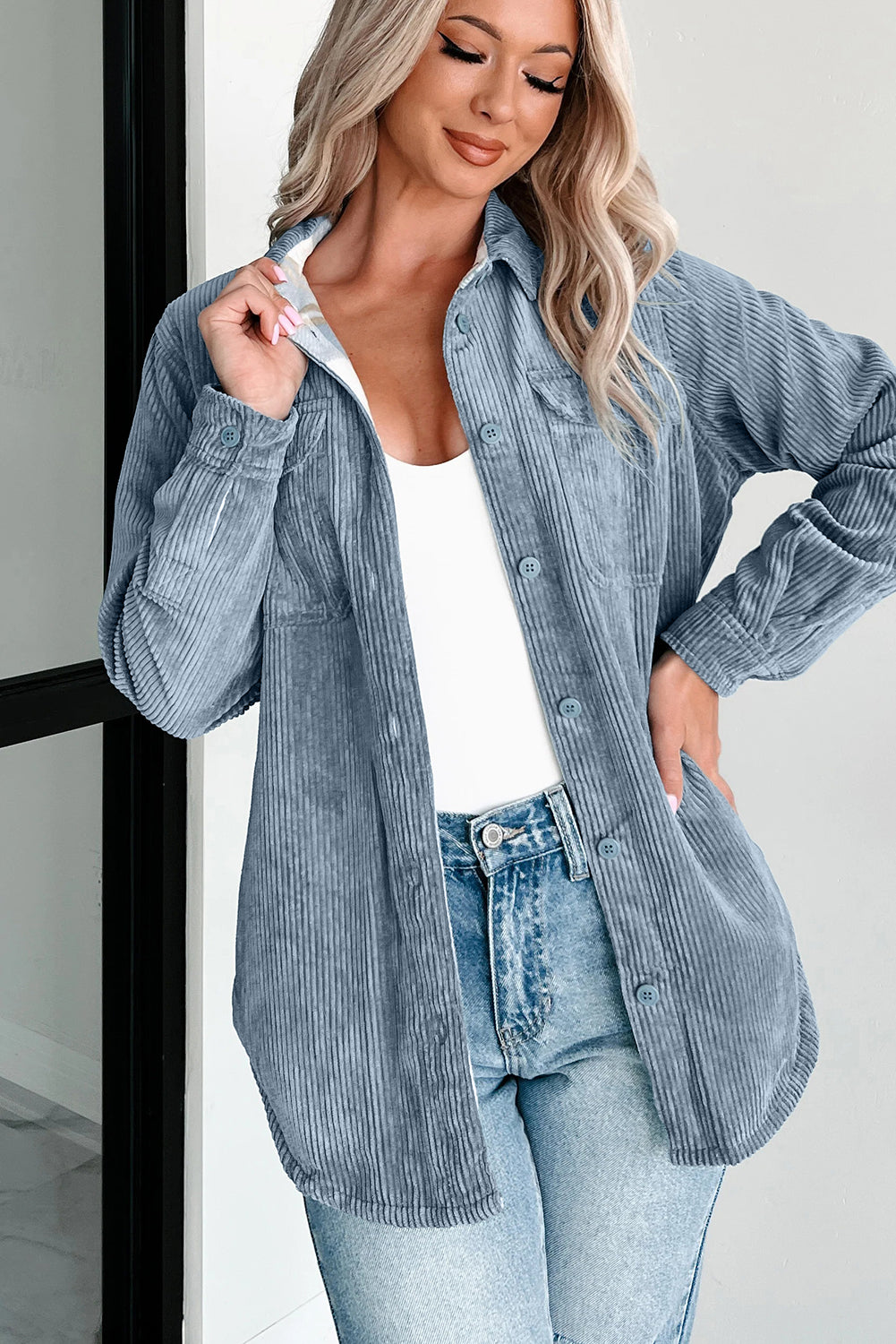 Stone Blue Plaid Corduroy Reversible Button Up Shacket-Outerwear/Plaid Shackets-[Adult]-[Female]-2022 Online Blue Zone Planet