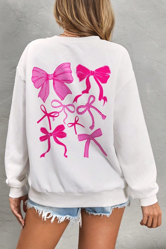 White Bow Graphic Casual Crewneck Sweatshirt-Graphic Sweatshirts-[Adult]-[Female]-White-S-2022 Online Blue Zone Planet