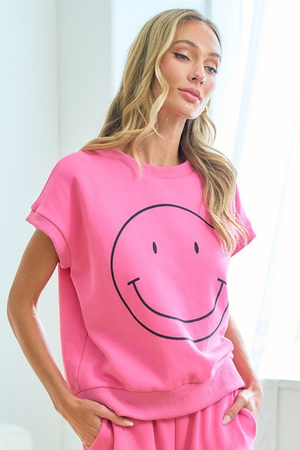 First Love Smile Face Drop Shoulder Brushed Inside T-Shirt-TOPS / DRESSES-[Adult]-[Female]-2022 Online Blue Zone Planet