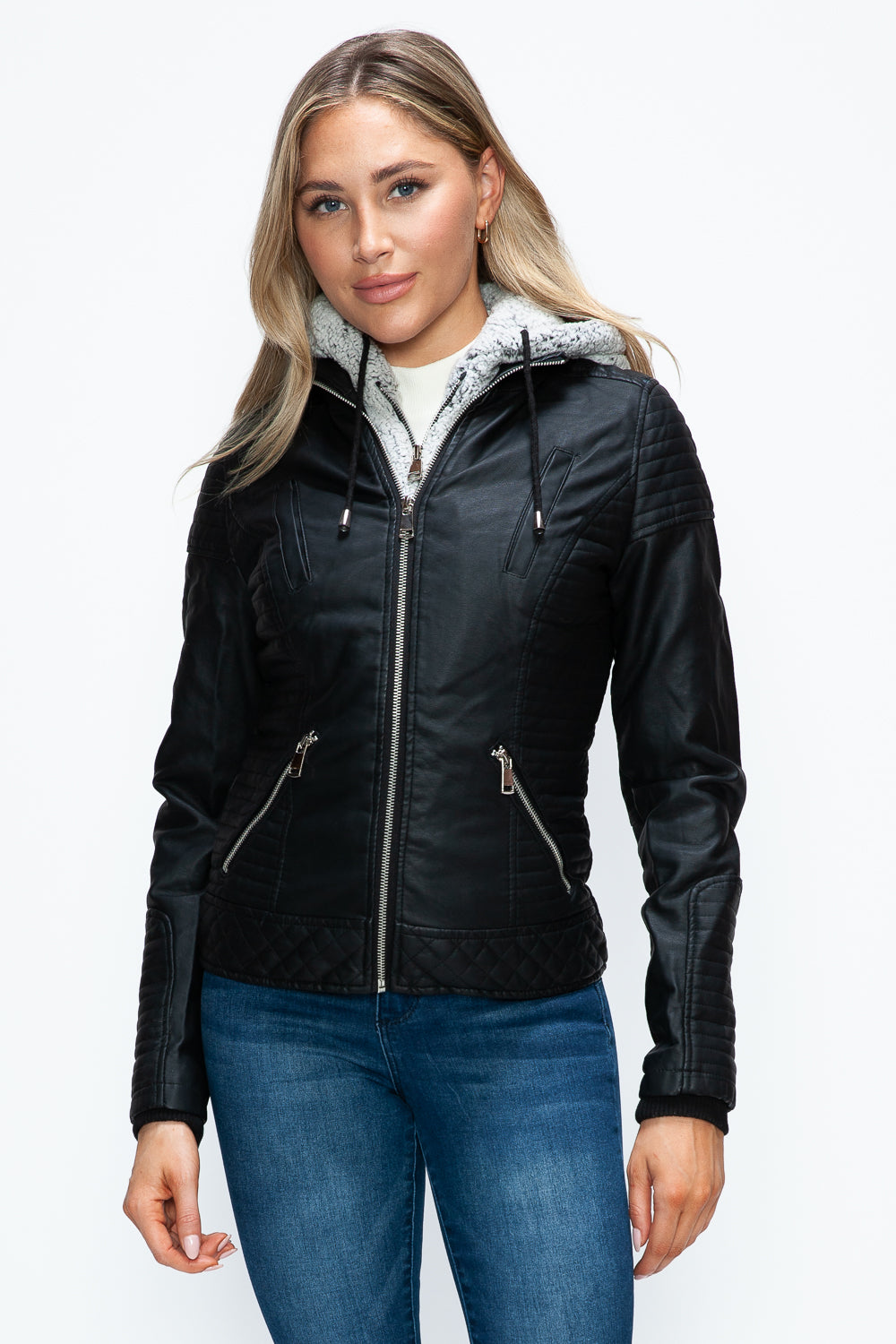 Blue Zone Planet | YMI Faux Layered Double-Zipper Jacket with Fuzzy Hood-TOPS / DRESSES-[Adult]-[Female]-Black-S-2022 Online Blue Zone Planet