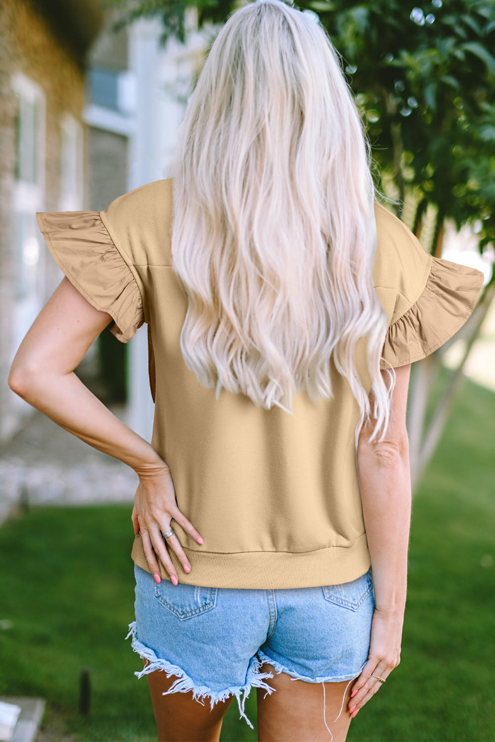 Parchment Ribbon Bow Ruffle Sleeve Round Neck Top-Blouses-[Adult]-[Female]-2022 Online Blue Zone Planet