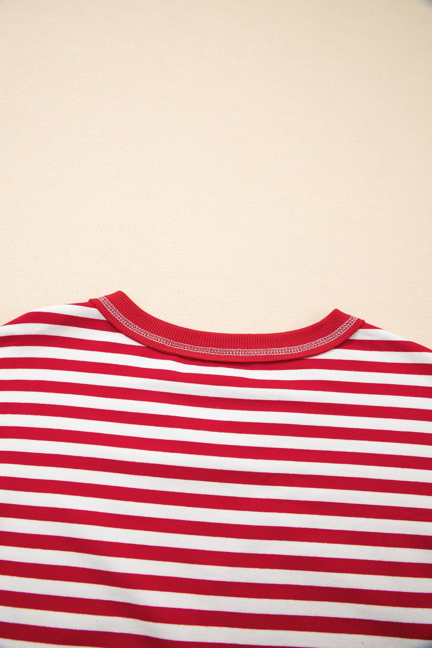 Red Stripe Exposed Seam V Neck Balloon Sleeve Pullover-Tops/Long Sleeve Tops-[Adult]-[Female]-2022 Online Blue Zone Planet